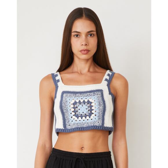 Monrow Crochet Cropped Tank Top in Washed Blue L - Picture 1 of 3